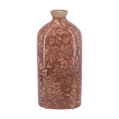 Red Ceramic Vase with Floral Motif Large