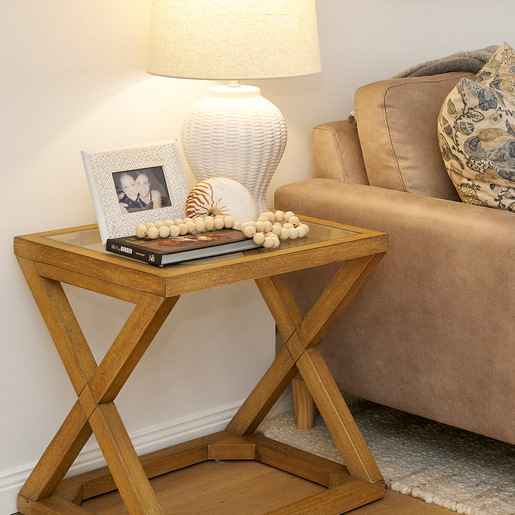 Freedom Angular Glass Top Side Table With Cross Base