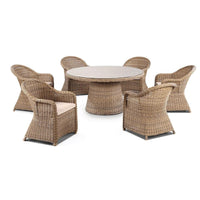 Portsea 1500 Outdoor Wicker Round Dining Table & Chairs Set Brushed Wheat/Cream