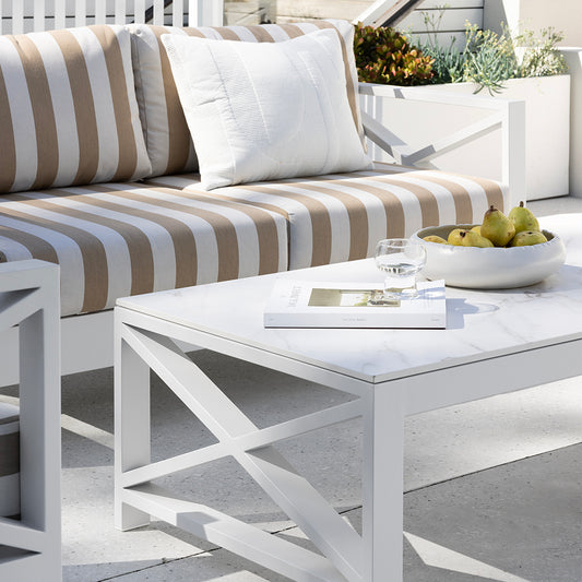 Airlie 3+1+1 seater Outdoor Aluminium Lounge Set with Coffee Table White/Sunbrella® Maxim Heather Beige