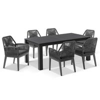 Kingscliff 1800 Outdoor Rectangle Aluminium Dining Table with 6 Lorne Rope Chairs Charcoal/Carbon Grey Rope/Denim Grey