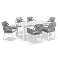 Kingscliff 1800 Outdoor Rectangle Aluminium Dining Table with 6 Lorne Rope Chairs White/Grey Rope/Textured Olefin Grey