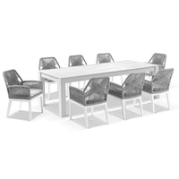 Kingscliff 2500 Outdoor Rectangle Aluminium Dining Table with 8 Lorne Rope Chairs White/Grey Rope/Textured Olefin Grey