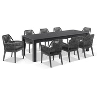Kingscliff 2500 Outdoor Rectangle Aluminium Dining Table with 8 Lorne Rope Chairs Charcoal/Carbon Grey Rope/Denim Grey