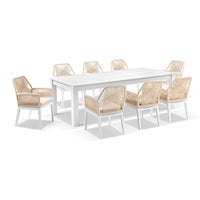 Kingscliff 2500 Outdoor Rectangle Aluminium Dining Table with 8 Lorne Rope Chairs Cream Rope/Cream
