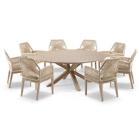 Beachport Outdoor 1800 Round Aluminium Dining Set with 8 Lorne Chairs Light Oak Look/Cream Rope/Cream