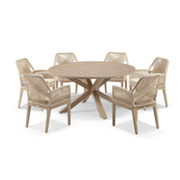 Beachport Outdoor 1500 Round Aluminium Dining Set with 6 Lorne Chairs Light Oak Look/Cream Rope/Cream
