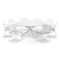 Beachport Outdoor 1800m Round Aluminium Dining Set with 8 Broome Chairs White/Sunbrella Maxim Heather Beige