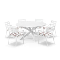 Beachport Outdoor 1500m Round Aluminium Dining Set with 6 Broome Chairs White/Sunbrella Maxim Heather Beige