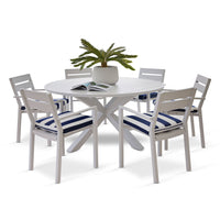 Beachport Outdoor 1500 Round Aluminium Dining Set with 6 Kingscliff Chairs White/Navy Stripe