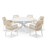 Beachport Outdoor 1500 Round Aluminium Dining Set with 6 Lorne Chairs White/Cream Rope