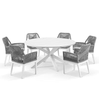 Beachport Outdoor 1500 Round Aluminium Dining Set with 6 Lorne Chairs White/Grey Rope/Textured Olefin Grey