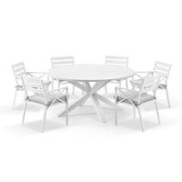 Beachport Outdoor 1500m Round Aluminium Dining Set with 6 Broome Chairs White/Textured Olefin Grey