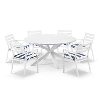 Beachport Outdoor 1500m Round Aluminium Dining Set with 6 Broome Chairs White/Navy Stripe