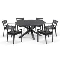 Beachport Outdoor 1500 Round Aluminium Dining Set with 6 Kingscliff Chairs Charcoal/Denim Grey