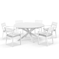 Beachport Outdoor 1500 Round Aluminium Dining Set with 6 Kingscliff Chairs White/Textured Olefin Grey