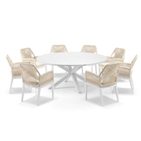 Beachport Outdoor 1800 Round Aluminium Dining Set with 8 Lorne Chairs White/Cream Rope