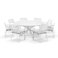 Beachport Outdoor 1800m Round Aluminium Dining Set with 8 Broome Chairs White/Textured Olefin Grey
