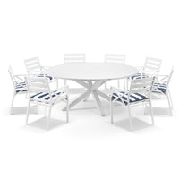 Beachport Outdoor 1800m Round Aluminium Dining Set with 8 Broome Chairs White/Navy Stripe