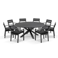 Beachport Outdoor 1800 Round Aluminium Dining Set with 8 Kingscliff Chairs Charcoal/Denim Grey