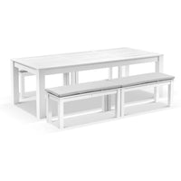 Kingscliff 2500 Rectangle Aluminium Dining Table with 4 Bench Seats White/Textured Olefin Grey
