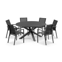 Beachport Outdoor 1500m Round Aluminium Table with 6 Bass Dining Chairs Charcoal