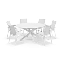 Beachport Outdoor 1500m Round Aluminium Table with 6 Bass Dining Chairs White