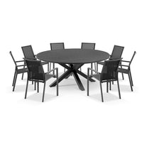 Beachport Outdoor 1800m Round Aluminium Table with 8 Bass Dining Chairs Charcoal