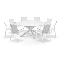 Beachport Outdoor 1800m Round Aluminium Table with 8 Bass Dining Chairs White