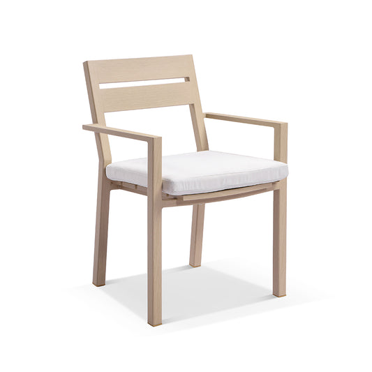 Kingscliff Outdoor Aluminium Dining Arm Chair Light Oak Look/Olefin Wh
