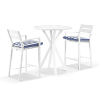 Beachport Outdoor 900 Round Aluminium Bar Table with 2 Kingscliff Bar Stools White/Navy Stripe