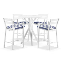 Beachport Outdoor 900 Round Aluminium Bar Table with 4 Kingscliff Bar Stools White/Navy Stripe