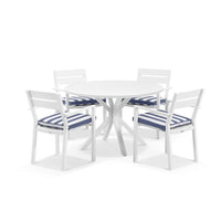 Beachport Outdoor 1200 Round Aluminium Dining Set with 4 Kingscliff Chairs White/Navy Stripe