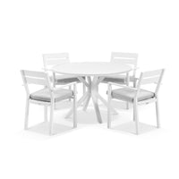 Beachport Outdoor 1200 Round Aluminium Dining Set with 4 Kingscliff Chairs White/Textured Olefin Grey