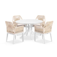 Beachport Outdoor 1200 Round Aluminium Dining Set with 4 Lorne Chairs White/Cream Rope