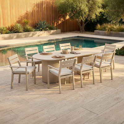 Westall Outdoor 2400 Ceramic and Aluminium Dining Table with 8 Kingscliff Chairs Light Dune/Sandstone