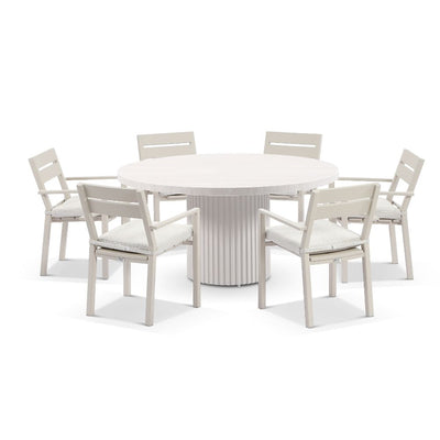Wallaroo Outdoor 1500 Round Ceramic and Aluminium Dining Table with 6 Kingscliff Chairs Light Dune/Sandstone
