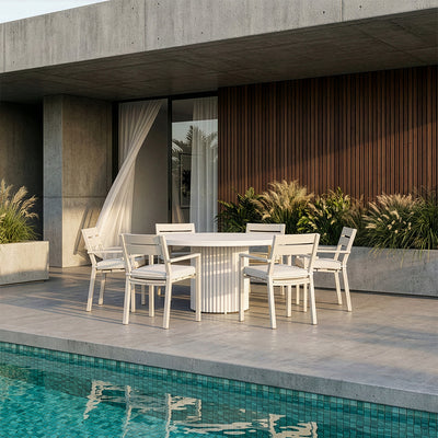 Wallaroo Outdoor 1500 Round Ceramic and Aluminium Dining Table with 6 Kingscliff Chairs Light Dune/Sandstone
