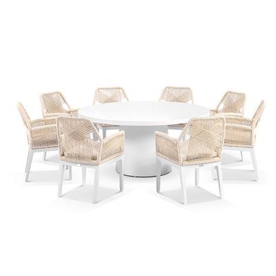 Esperance Outdoor 1600 Round Ceramic Top Dining Table with 8 Lorne Chairs White/Cream Rope