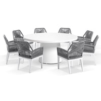 Esperance Outdoor 1600 Round Ceramic Top Dining Set with 8 Lorne Chairs White/Grey Rope/Textured Olefin Grey