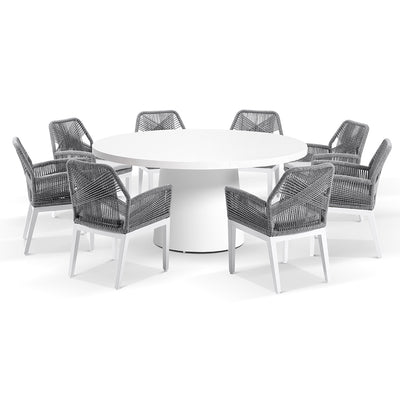 Esperance Outdoor 1600 Round Ceramic Top Dining Set with 8 Lorne Chairs White/Grey Rope/Textured Olefin Grey
