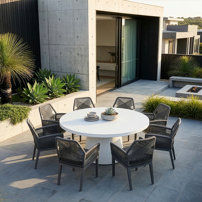 Esperance Outdoor 1600 Round Ceramic Top Dining Set with 8 Lorne Chairs White/Grey Rope/Textured Olefin Grey