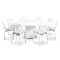 Esperance Outdoor 1600 Round Ceramic Top Dining Table with 8 Kingscliff Chairs White/Textured Olefin Grey