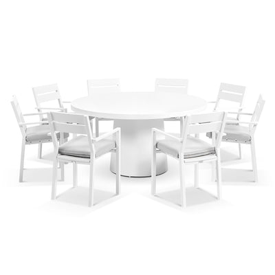 Esperance Outdoor 1600 Round Ceramic Top Dining Table with 8 Kingscliff Chairs White/Textured Olefin Grey
