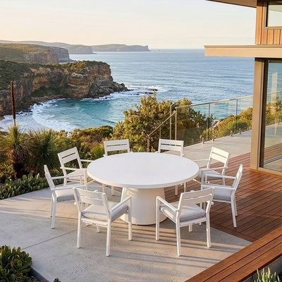 Esperance Outdoor 1600 Round Ceramic Top Dining Table with 8 Kingscliff Chairs White/Textured Olefin Grey