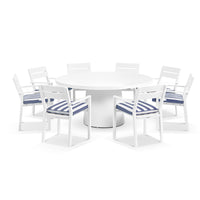 Esperance Outdoor 1600 Round Ceramic Top Dining Table with 8 Kingscliff Chairs White/Navy Stripe