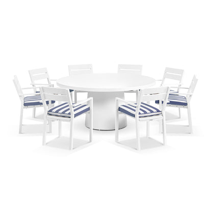 Esperance Outdoor 1600 Round Ceramic Top Dining Table with 8 Kingscliff Chairs White/Navy Stripe