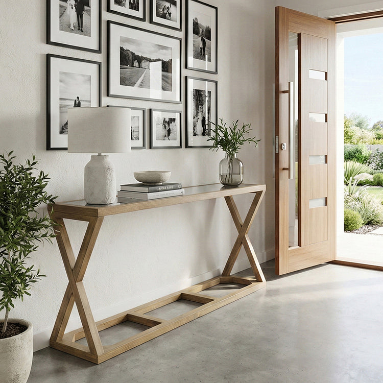 Freedom Wooden Glass Top Console Table With Cross Base