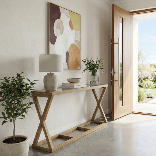 Freedom Wooden Glass Top Console Table With Cross Base
