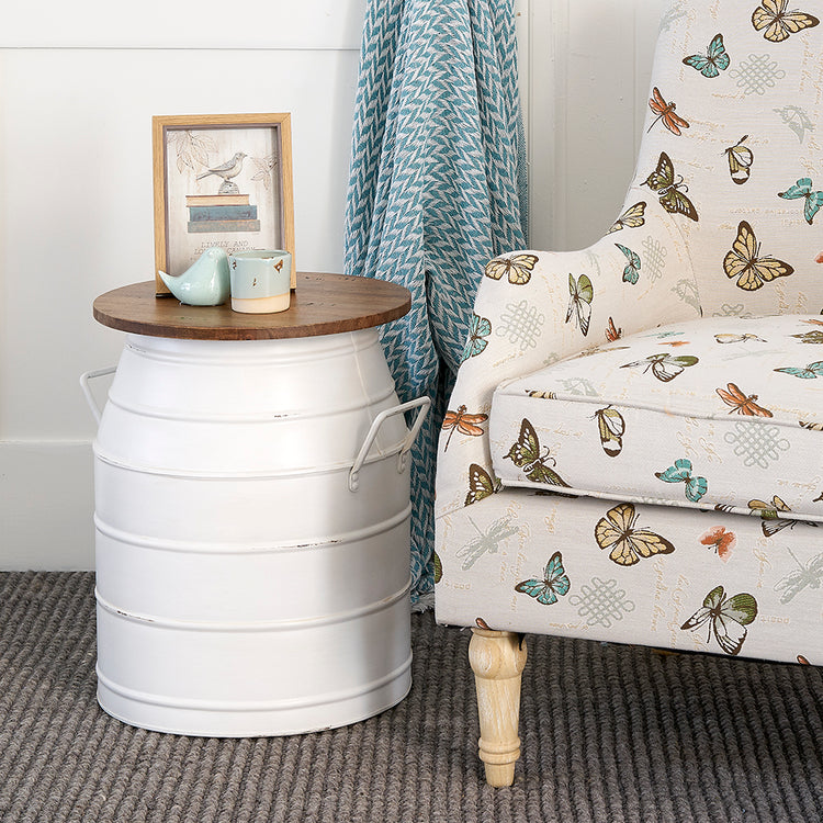 Mini Can Table Milk Can Side Table Storage with White Metal Base | 1825 Interiors